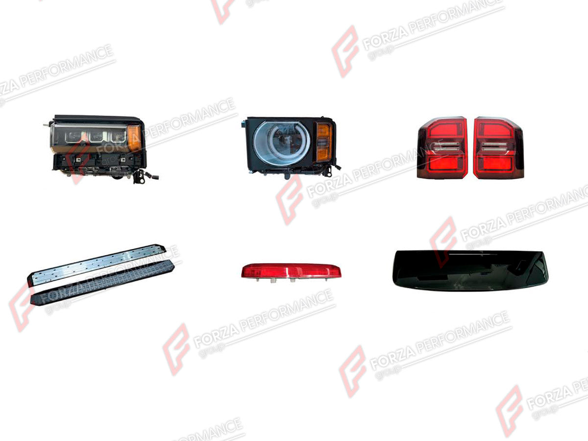 BODY KIT for Toyota Land Cruiser Prado 250 2023+
Set includes:

Headlights
Tail Lights
Side Steps
Stop Signal Light
Roof Spoiler
Material: Plastic

NOTE: Professional installation is required.
