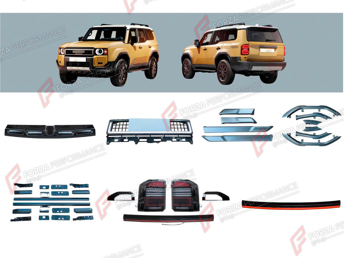 BODY KIT for TOYOTA LAND CRUISER PRADO 250 2023+

Set includes:
Roof Light Bar
Front Grille
Body Side Door Moldings
Fender Flares
Roof Rack Bar Luggage
Tail Lights
Rear Tailgate Light Bar

Material: Plastic

NOTE: Professional installation is required.