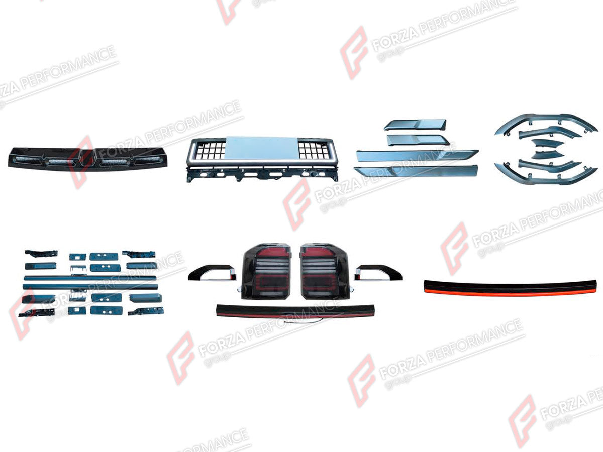 BODY KIT for TOYOTA LAND CRUISER PRADO 250 2023+

Set includes:
Roof Light Bar
Front Grille
Body Side Door Moldings
Fender Flares
Roof Rack Bar Luggage
Tail Lights
Rear Tailgate Light Bar

Material: Plastic

NOTE: Professional installation is required.