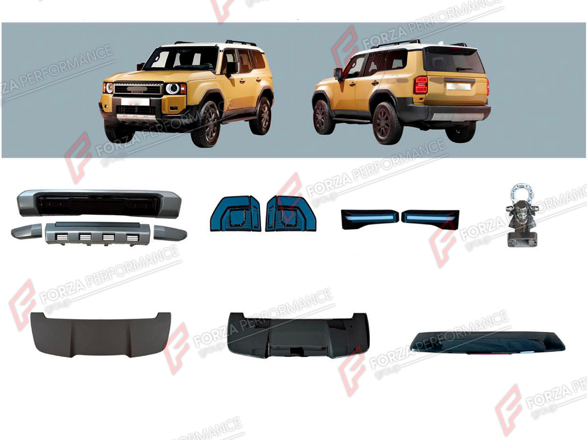 BODY KIT for TOYOTA LAND CRUISER PRADO 250 2023+ FORZA PERFORMANCE custom fit High Vision Style
Set includes:

Front Bumper
Rear Bumper
Hood Air Vent Covers
LED Headlights
Trailer Hitch Ball Hook
Rear Spoiler Wing
Roof Spoiler
Material: Plastic

NOTE: Professional installation is required.
