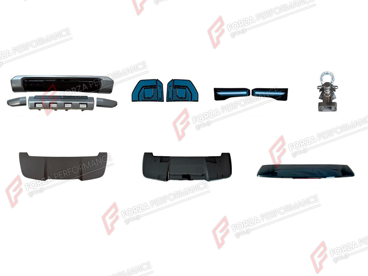 BODY KIT for TOYOTA LAND CRUISER PRADO 250 2023+ FORZA PERFORMANCE custom fit High Vision Style
Set includes:

Front Bumper
Rear Bumper
Hood Air Vent Covers
LED Headlights
Trailer Hitch Ball Hook
Rear Spoiler Wing
Roof Spoiler
Material: Plastic

NOTE: Professional installation is required.