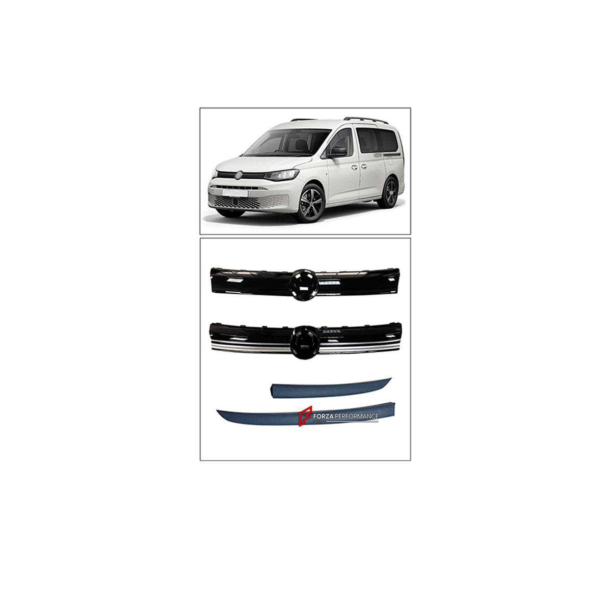 BODY KIT for Volkswagen Caddy V 2021+
Set includes:

Front Grille
Roof Spoiler
Material: Plastic

NOTE: Professional installation is required.