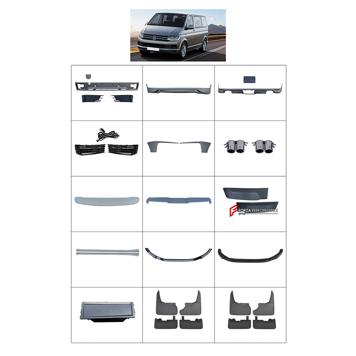 BODY KIT for Volkswagen Caravelle T6 2015 - 2019
Set includes:

Front Lip
Front Bumper Assembly
Side Skirts
Roof Spoiler
Mud Flaps
Exhaust Tips
Material: Plastic

NOTE: Professional installation is required.