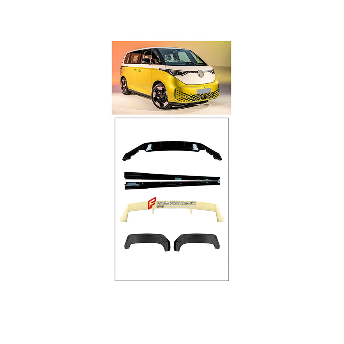 BODY KIT for Volkswagen Id Buzz 2022+
Set includes:

Front Lip
Side Skirts
Roof Spoiler
Rear Lip
Material: Plastic

NOTE: Professional installation is required.