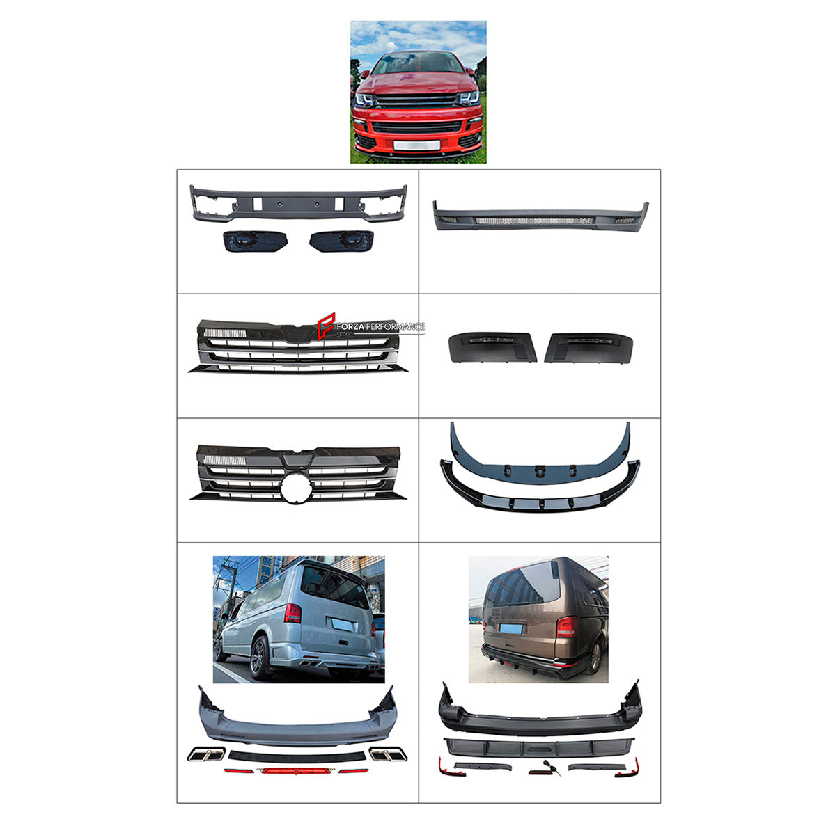 BODY KIT for Volkswagen Multivan T5.1 2010 - 2015
Set includes:

Front Lip
Front Bumper Assembly
Front Grille
Rear Bumper Assembly
Material: Plastic

NOTE: Professional installation is required.