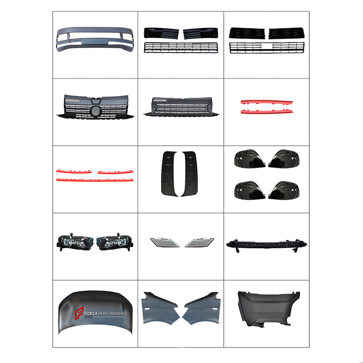 BODY KIT for Volkswagen Multivan T6 2015 - 2019
Set includes:

Front Bumper Assembly
Front Grille
Front Headlights
Hood Bonnet
Fenders
Side Mirror Covers
Engine Cover
Material: Plastic

NOTE: Professional installation is required.