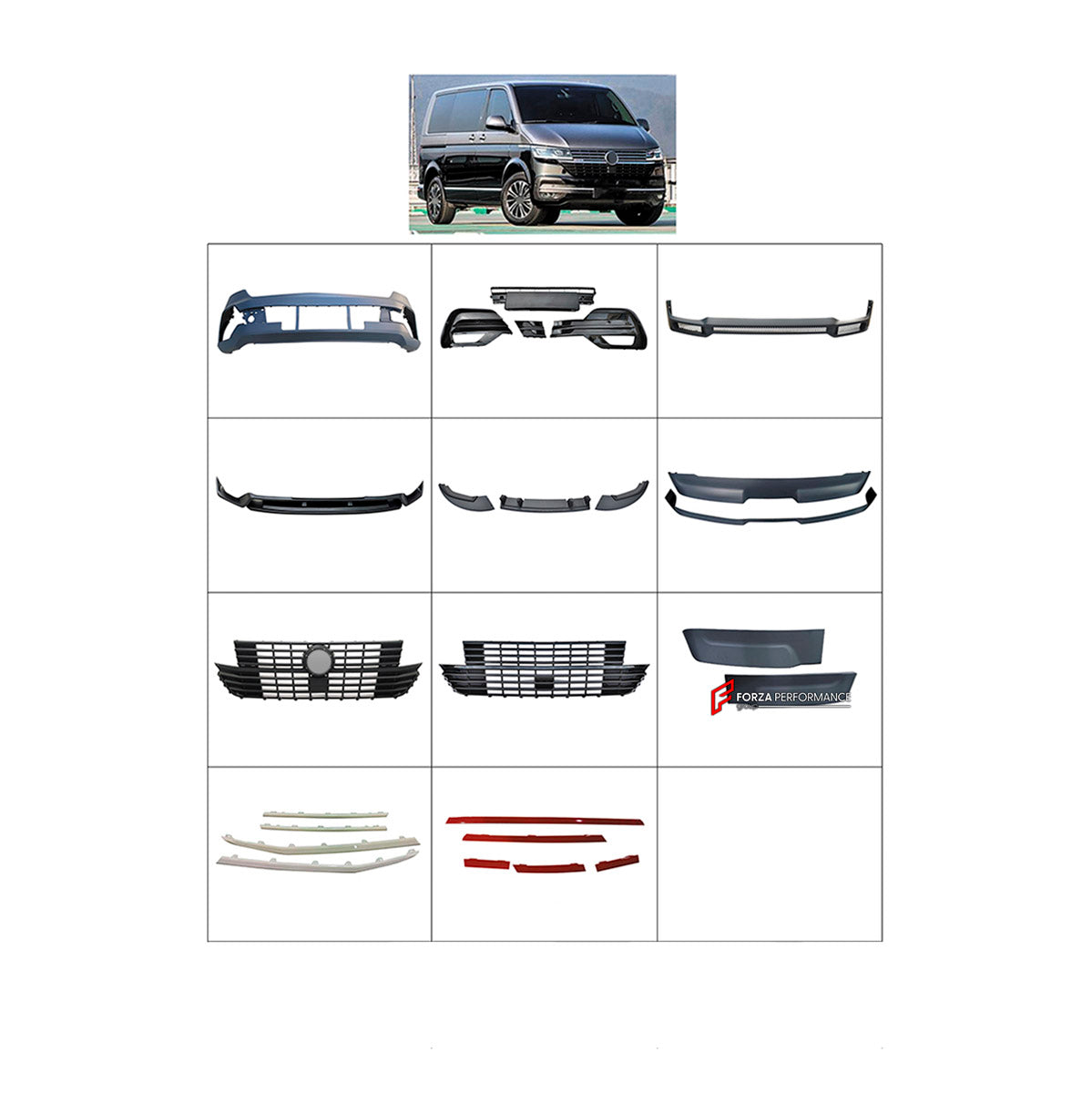 BODY KIT for Volkswagen Multivan T6.1 2019 - 2024
Set includes:

Front Lip
Front Bumper Assembly
Front Grille
Roof Spoiler
Material: Plastic

NOTE: Professional installation is required.
