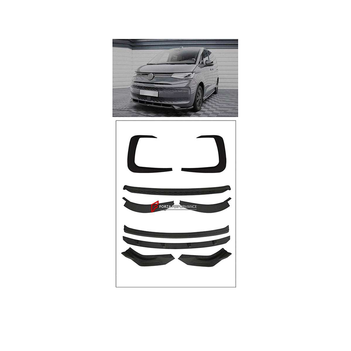 BODY KIT for Volkswagen Multivan T7 2021+
Set includes:

Front Lip
Front Bumper Trims
Material: Plastic

NOTE: Professional installation is required.

