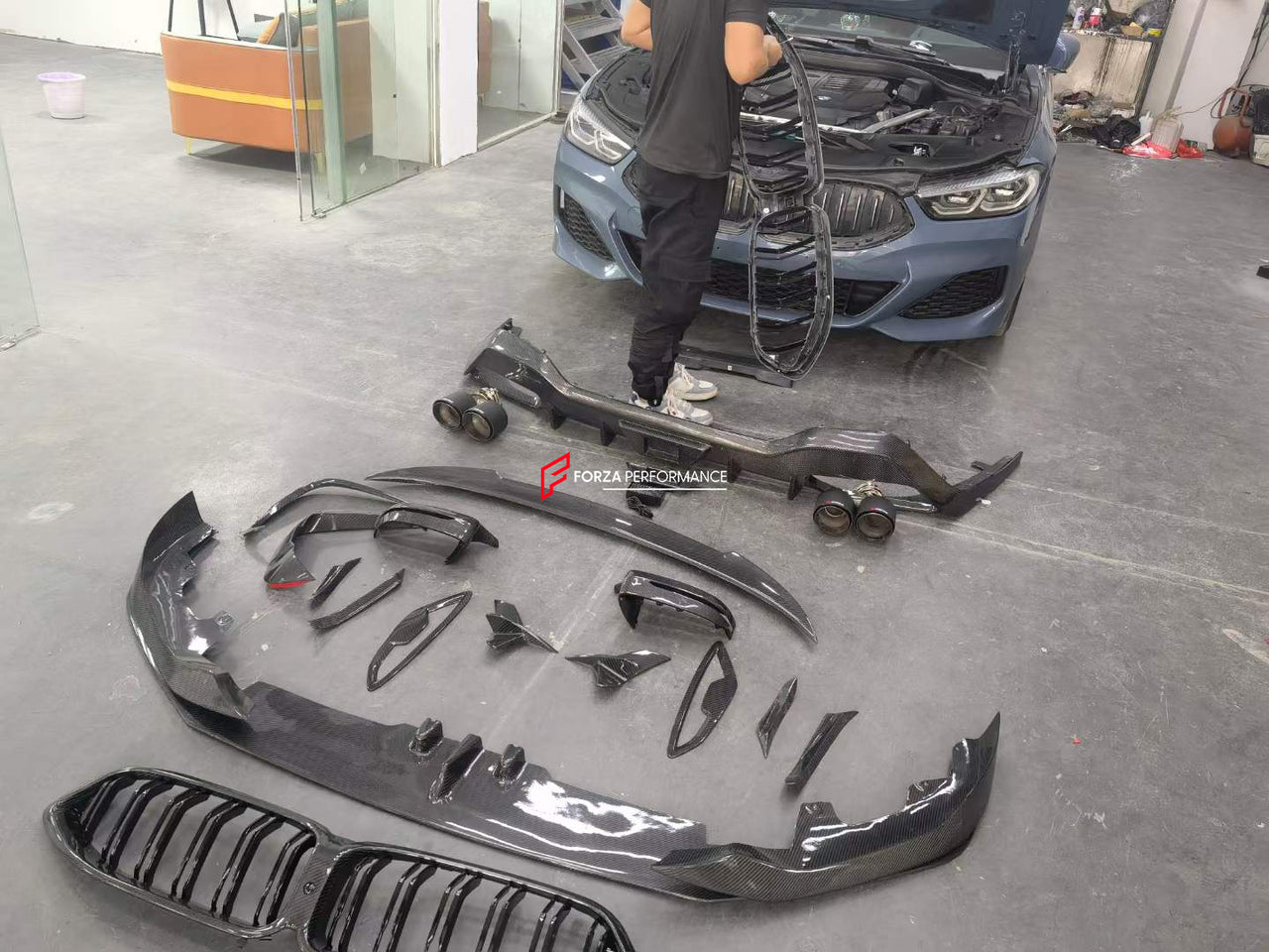 CARBON BODY KIT for BMW 8 SERIES G16 2019+  Set includes:  Front Grille Front Lip Front Canards Rear Spoiler Rear Diffuser Exhaust Tips Side Mirrors Covers