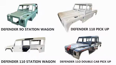 CAR BODY SHELL for LAND ROVER DEFENDER 90 110 130 L315 L316 1983 - 2016

Set includes:

Body Shell
Front Grille Cover
Front Hood / Bonnet
Dashboard
Front Fenders
Doors
Rear Fenders
Rear Hood / Bonnet
Rear Bumper

Material: Steel.

Warranty: 1 year, unlimited mileage warranty

NOTE: Professional installation is required.
