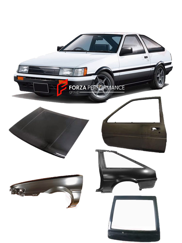CAR BODY SHELL for TOYOTA AE86 1983 - 1987

Set includes:

Body Shell
Front Hood / Bonnet
Front Fenders
Doors
Rear Fenders
Rear Hood / Bonnet
Rear Bumper

Material: Steel.

Warranty: 1 year, unlimited mileage warranty

NOTE: Professional installation is required.
