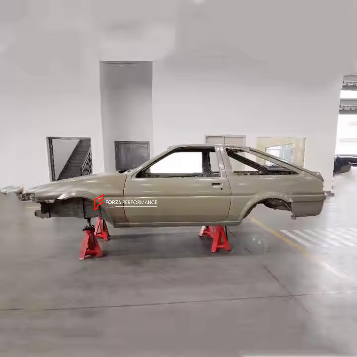 CAR BODY SHELL for TOYOTA AE86 1983 - 1987

Set includes:

Body Shell
Front Hood / Bonnet
Front Fenders
Doors
Rear Fenders
Rear Hood / Bonnet
Rear Bumper

Material: Steel.

Warranty: 1 year, unlimited mileage warranty

NOTE: Professional installation is required.