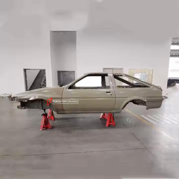 CAR BODY SHELL for TOYOTA AE86 1983 - 1987

Set includes:

Body Shell
Front Hood / Bonnet
Front Fenders
Doors
Rear Fenders
Rear Hood / Bonnet
Rear Bumper

Material: Steel.

Warranty: 1 year, unlimited mileage warranty

NOTE: Professional installation is required.