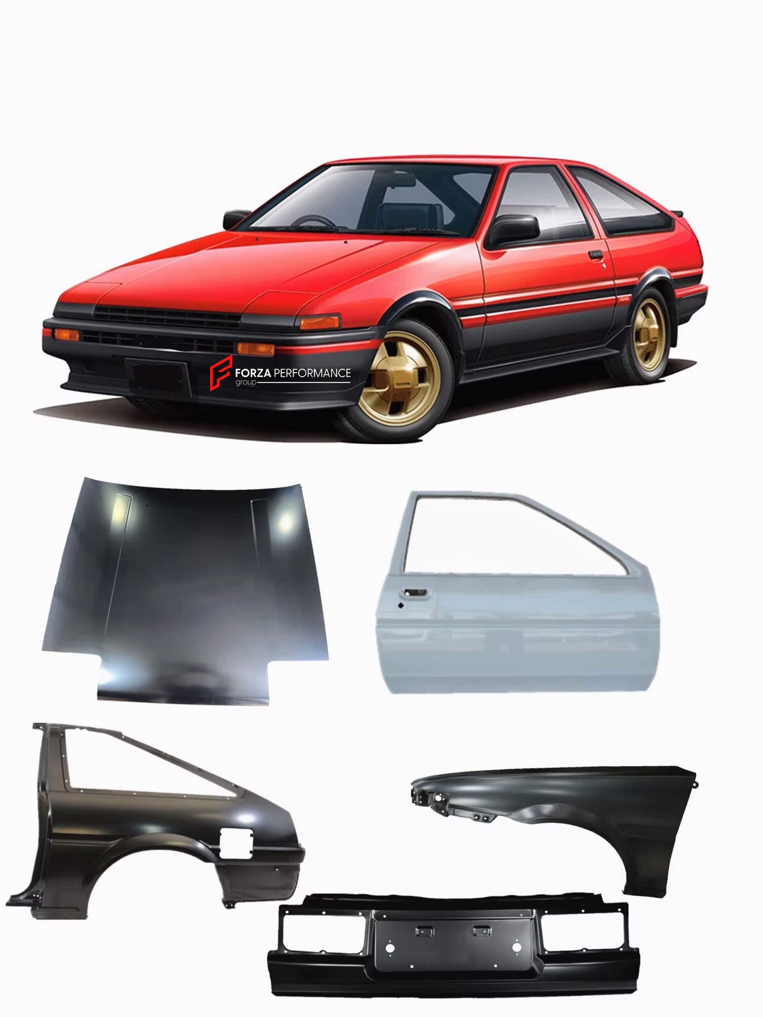 CAR BODY SHELL for TOYOTA AE86 1983 - 1987

Set includes:

Body Shell
Front Hood / Bonnet
Front Fenders
Doors
Rear Fenders
Rear Hood / Bonnet
Rear Bumper

Material: Steel.

Warranty: 1 year, unlimited mileage warranty

NOTE: Professional installation is required.
