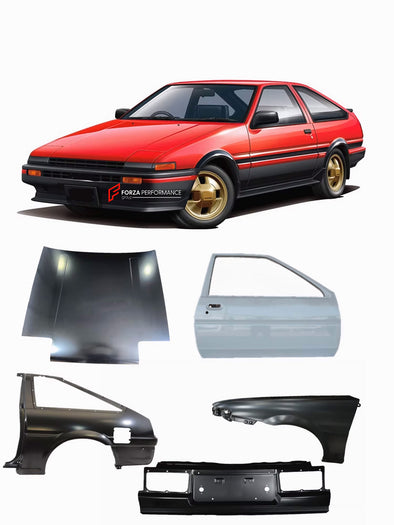 CAR BODY SHELL for TOYOTA AE86 1983 - 1987

Set includes:

Body Shell
Front Hood / Bonnet
Front Fenders
Doors
Rear Fenders
Rear Hood / Bonnet
Rear Bumper

Material: Steel.

Warranty: 1 year, unlimited mileage warranty

NOTE: Professional installation is required.