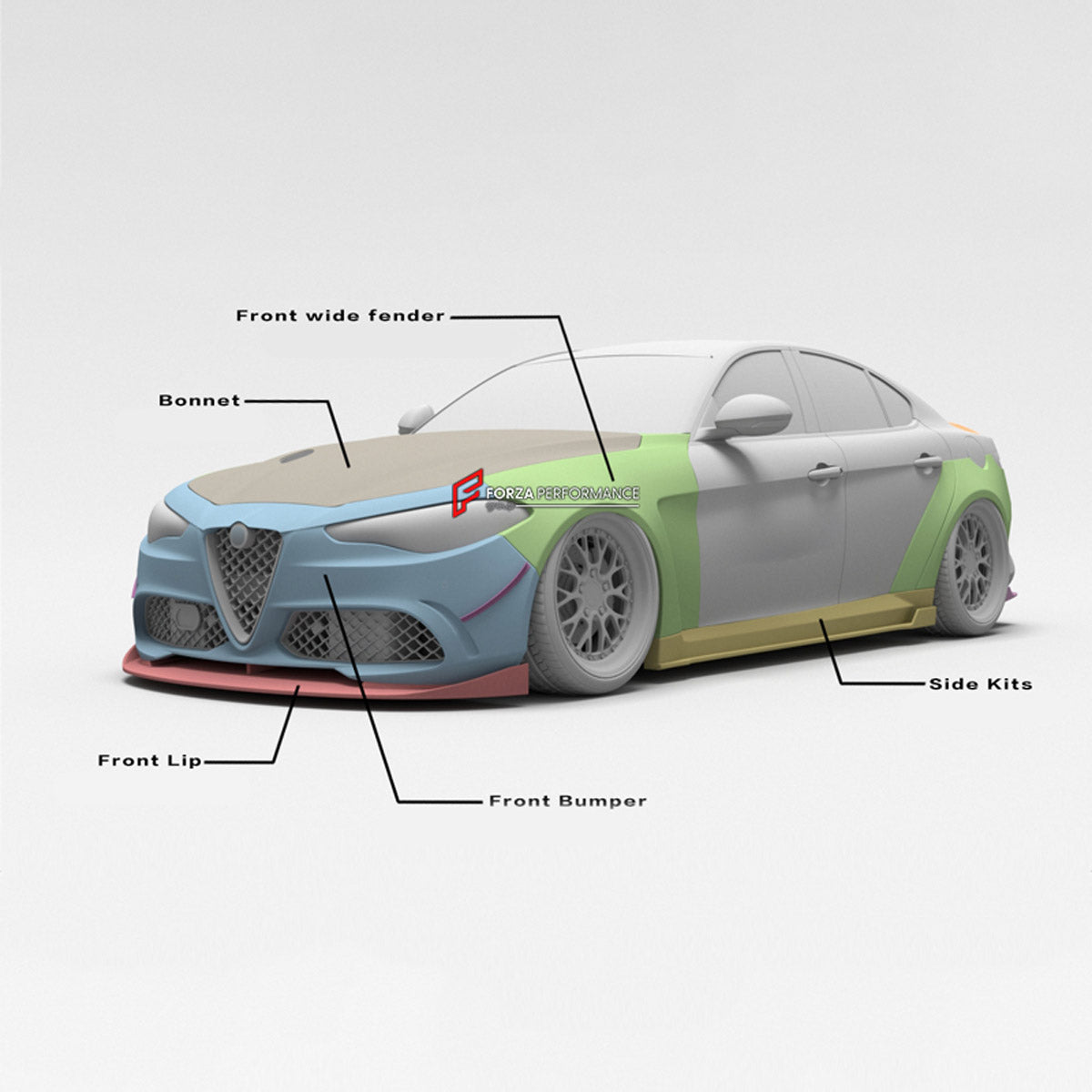 CARBON WIDE BODY KIT for ALFA ROMEO GIULIA 2016+

Set Include:

Front Lip
Front Bumper
Hood Bonnet
Fenders
Side Skirts
Rear Spoiler
Rear Diffuser
Material: Carbon

Note: Professional installation is required.