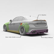 CARBON WIDE BODY KIT for ALFA ROMEO GIULIA 2016+

Set Include:

Front Lip
Front Bumper
Hood Bonnet
Fenders
Side Skirts
Rear Spoiler
Rear Diffuser
Material: Carbon

Note: Professional installation is required.
