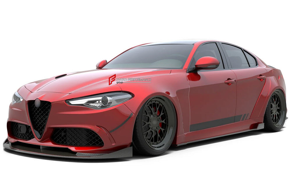 CARBON WIDE BODY KIT for ALFA ROMEO GIULIA 2016+

Set Include:

Front Lip
Front Bumper
Hood Bonnet
Fenders
Side Skirts
Rear Spoiler
Rear Diffuser
Material: Carbon

Note: Professional installation is required.