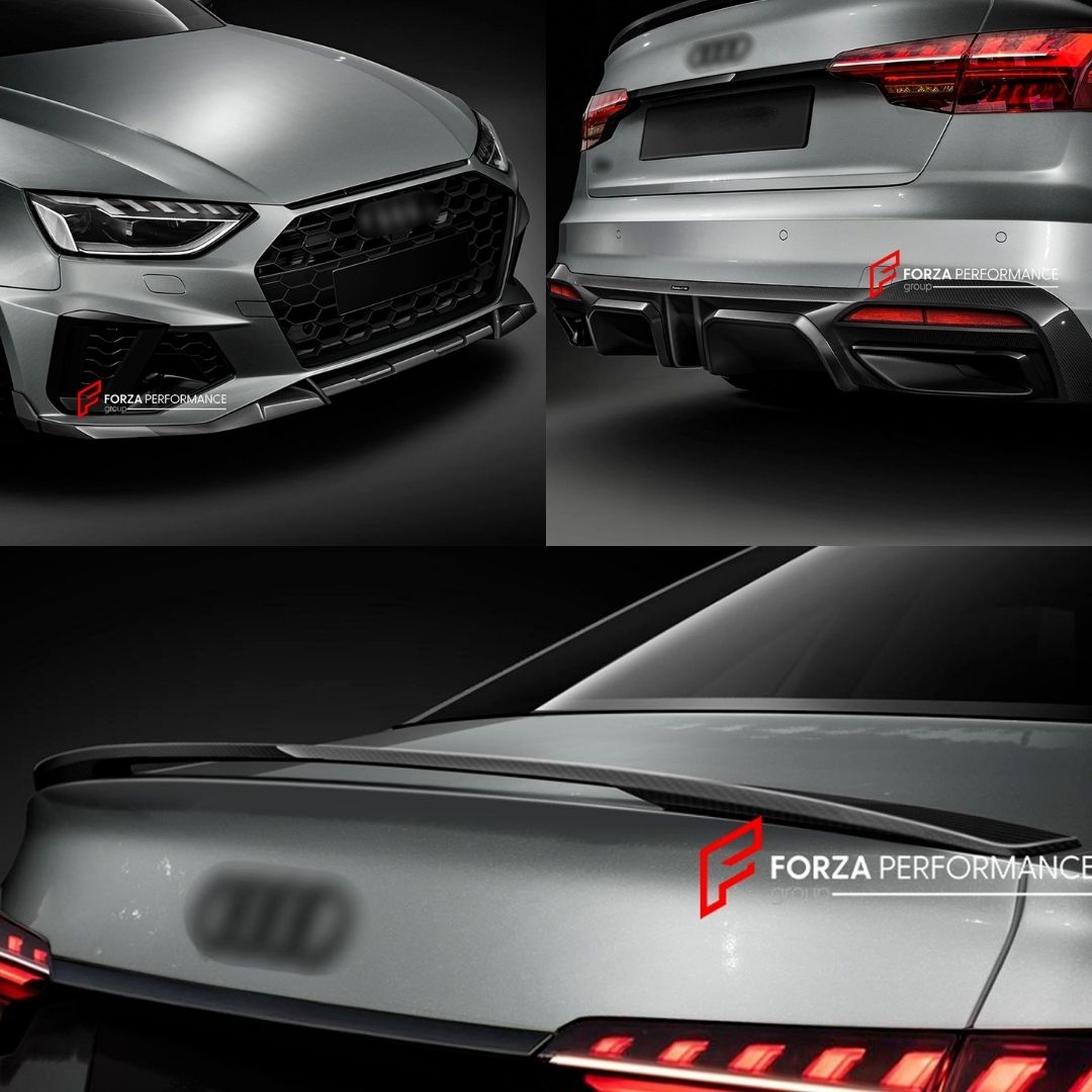 CARBON BODY KIT for AUDI A4 S4 B9 2019 - 2025 FORZA PERFORMANCE Custom fit Dry Carbon Achen Cybe Achencybe Design Style
Set includes:

Front Lip
Rear Diffuser (A4 version or S4 four-outlet exhaust version — specify your model)
Rear Spoiler
Material: Carbon

NOTE: Professional installation is required.