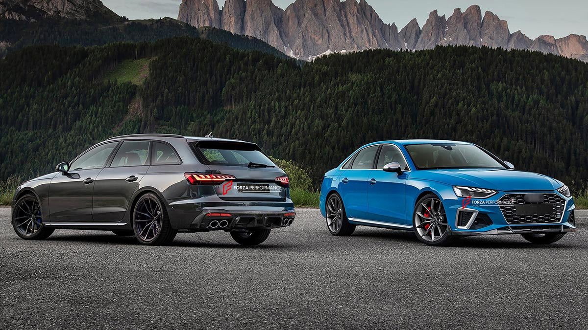 CARBON BODY KIT for AUDI A4 S4 B9 2019 - 2025 FORZA PERFORMANCE Custom fit Dry Carbon Achen Cybe Achencybe Design Style
Set includes:

Front Lip
Rear Diffuser (A4 version or S4 four-outlet exhaust version — specify your model)
Rear Spoiler
Material: Carbon

NOTE: Professional installation is required.