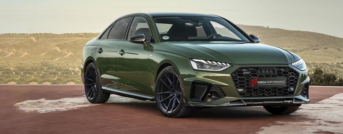 CARBON BODY KIT for AUDI A4 S4 B9 2019 - 2025 FORZA PERFORMANCE Custom fit Dry Carbon Achen Cybe Achencybe Design Style
Set includes:

Front Lip
Rear Diffuser (A4 version or S4 four-outlet exhaust version — specify your model)
Rear Spoiler
Material: Carbon

NOTE: Professional installation is required.