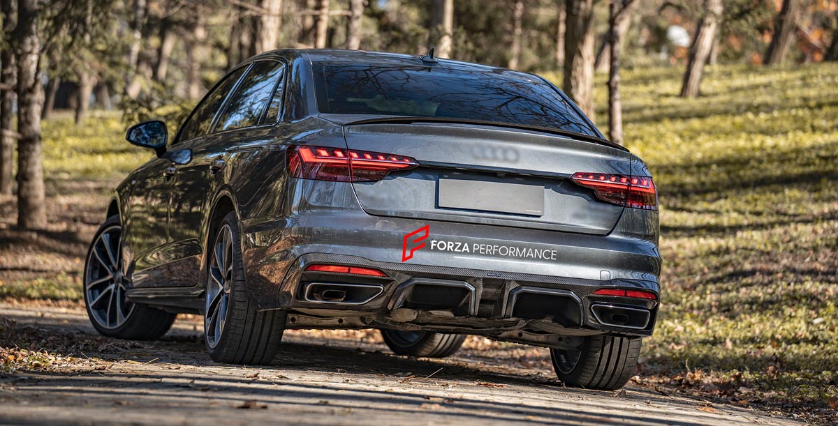 CARBON BODY KIT for AUDI A4 S4 B9 2019 - 2025 FORZA PERFORMANCE Custom fit Dry Carbon Achen Cybe Achencybe Design Style
Set includes:

Front Lip
Rear Diffuser (A4 version or S4 four-outlet exhaust version — specify your model)
Rear Spoiler
Material: Carbon

NOTE: Professional installation is required.