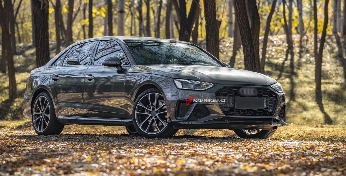 CARBON BODY KIT for AUDI A4 S4 B9 2019 - 2025 FORZA PERFORMANCE Custom fit Dry Carbon Achen Cybe Achencybe Design Style
Set includes:

Front Lip
Rear Diffuser (A4 version or S4 four-outlet exhaust version — specify your model)
Rear Spoiler
Material: Carbon

NOTE: Professional installation is required.