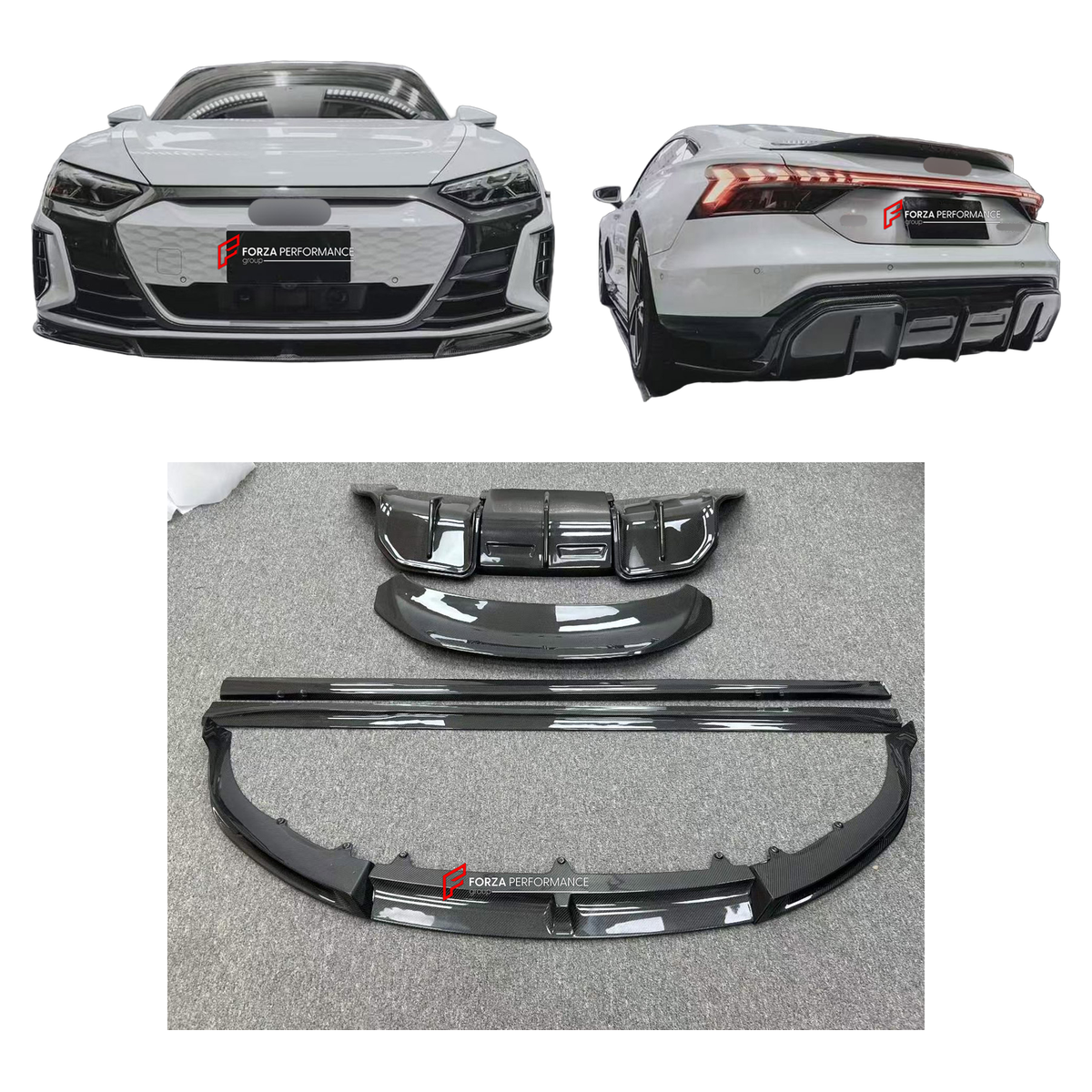CARBON BODY KIT for AUDI E-TRON GT FW 2021 - 2024 FORZA PERFORMANCE custom fit Future Design Style

Set includes:
Front Lip
Side Skirts
Ducktail Spoiler
Rear Diffuser

Material: Carbon

NOTE: Professional installation is required.