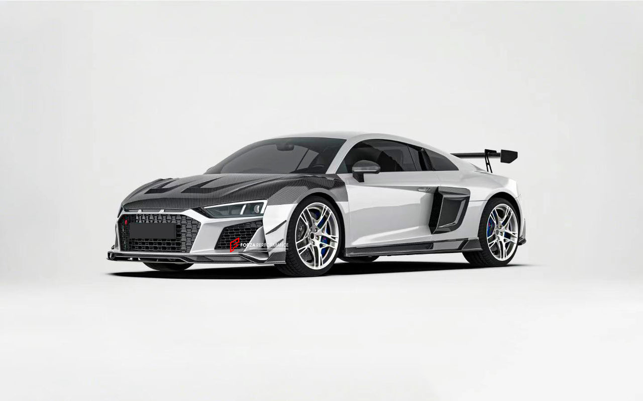 CARBON BODY KIT for AUDI R8 4S FACELIFT 2019 - 2023

Set includes:

Front Lip
Front Canards
Hood / Bonnet
Side Air Vents Cover
Side Skirts
Rear Spoiler
Rear Diffuser

Material: Carbon Fiber

Note: Professional installation is required.