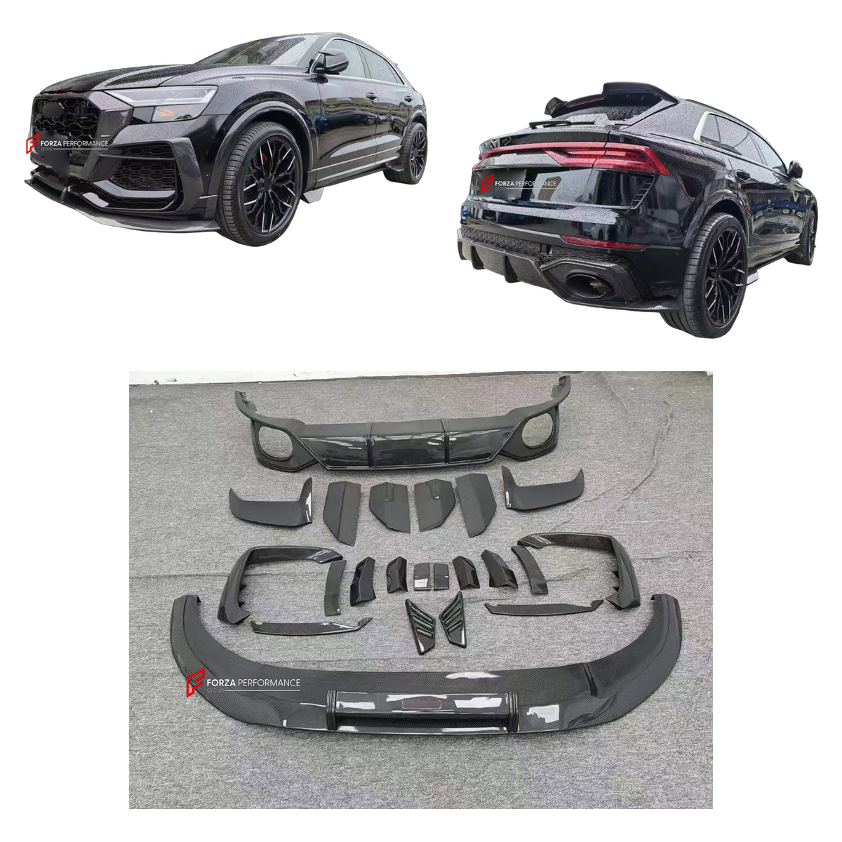 CARBON BODY KIT for AUDI RS Q8 4M 2019 - 2024 FORZA PERFORMANCE custom fit ABT Style

Set includes:
Front Lip
Front Bumper Canards
Front Bumper Air Vent Covers
Front Grille Mesh Cover Trims
Fender Flares
Rear Bumper Fins
Rear Diffuser

Material: Carbon

NOTE: Professional installation is required.
