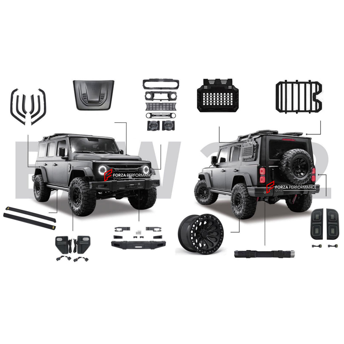 CARBON BODY KIT for BAW 212 T01 2024+ FORZA PERFORMANCE custom fit Black Knight Style

Set includes:
Front Bumper Assembly
Front Grille
Fog Lights
LED Lights
Hood Bonnet
Side Air Vents
Electric Side Steps
Fender Flares
LED Tail Lights
Rear Bumper
Molle Panel
Roof Rack Bar Luggage
Forged Wheels Rims

Material: Carbon

NOTE: Professional installation is required.