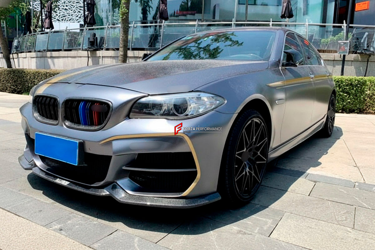 CARBON BODY KIT for BMW 5 SERIES VI F10 F18 2009 - 2017
Set includes:

Front Bumper
Front Bumper Fins
Front Lip
Side Skirts
Ducktail Spoiler
Rear Diffuser
Rear Bumper
Material: Carbon

NOTE: Professional installation is required.