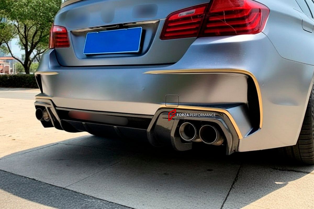 CARBON BODY KIT for BMW 5 SERIES VI F10 F18 2009 - 2017
Set includes:

Front Bumper
Front Bumper Fins
Front Lip
Side Skirts
Ducktail Spoiler
Rear Diffuser
Rear Bumper
Material: Carbon

NOTE: Professional installation is required.