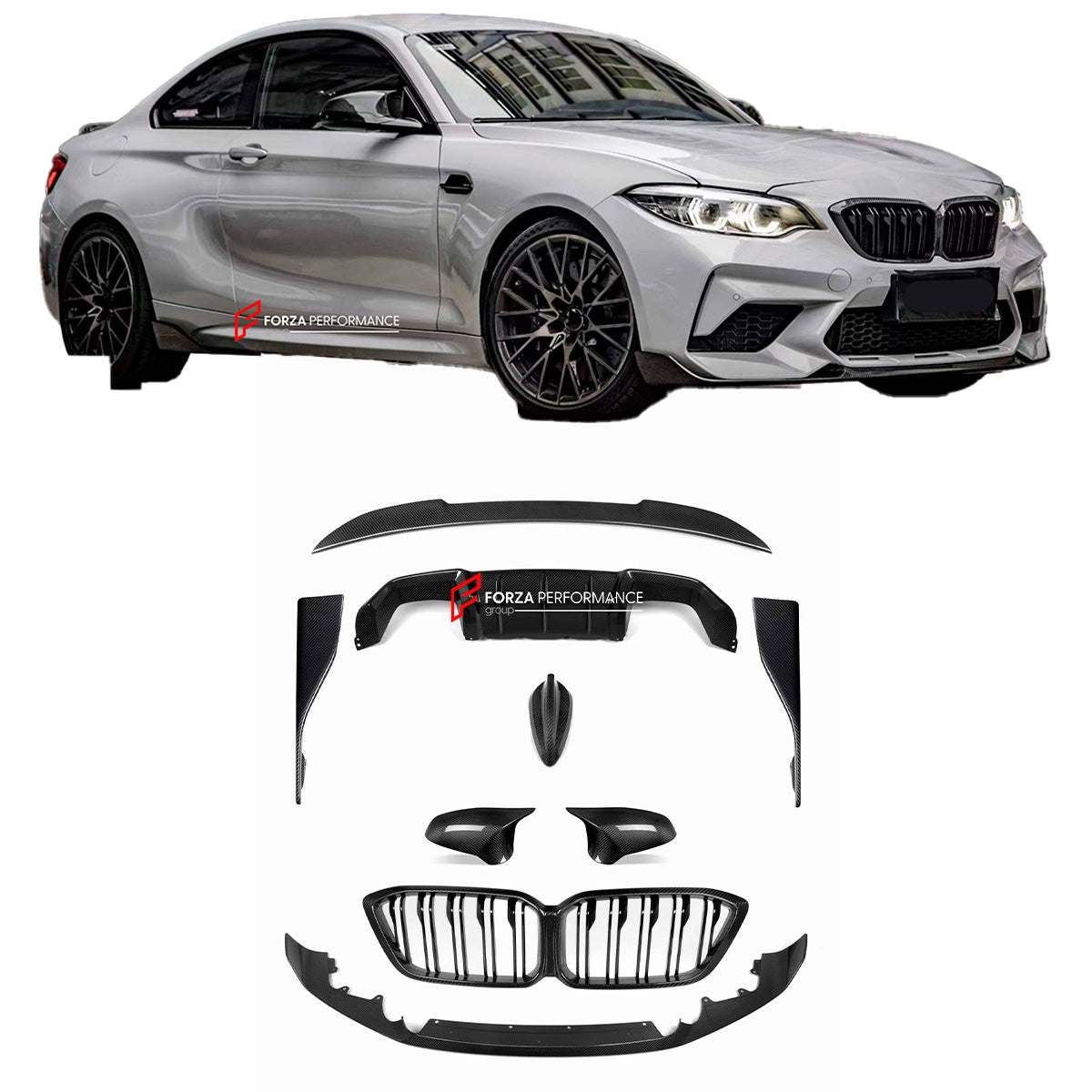 CARBON BODY KIT for BMW M2 F87 2017 - 2021  Set includes:  Front Lip Front Grille Side Mirrors Side Skirts Top Aerial Rear Diffuser Rear Spoiler