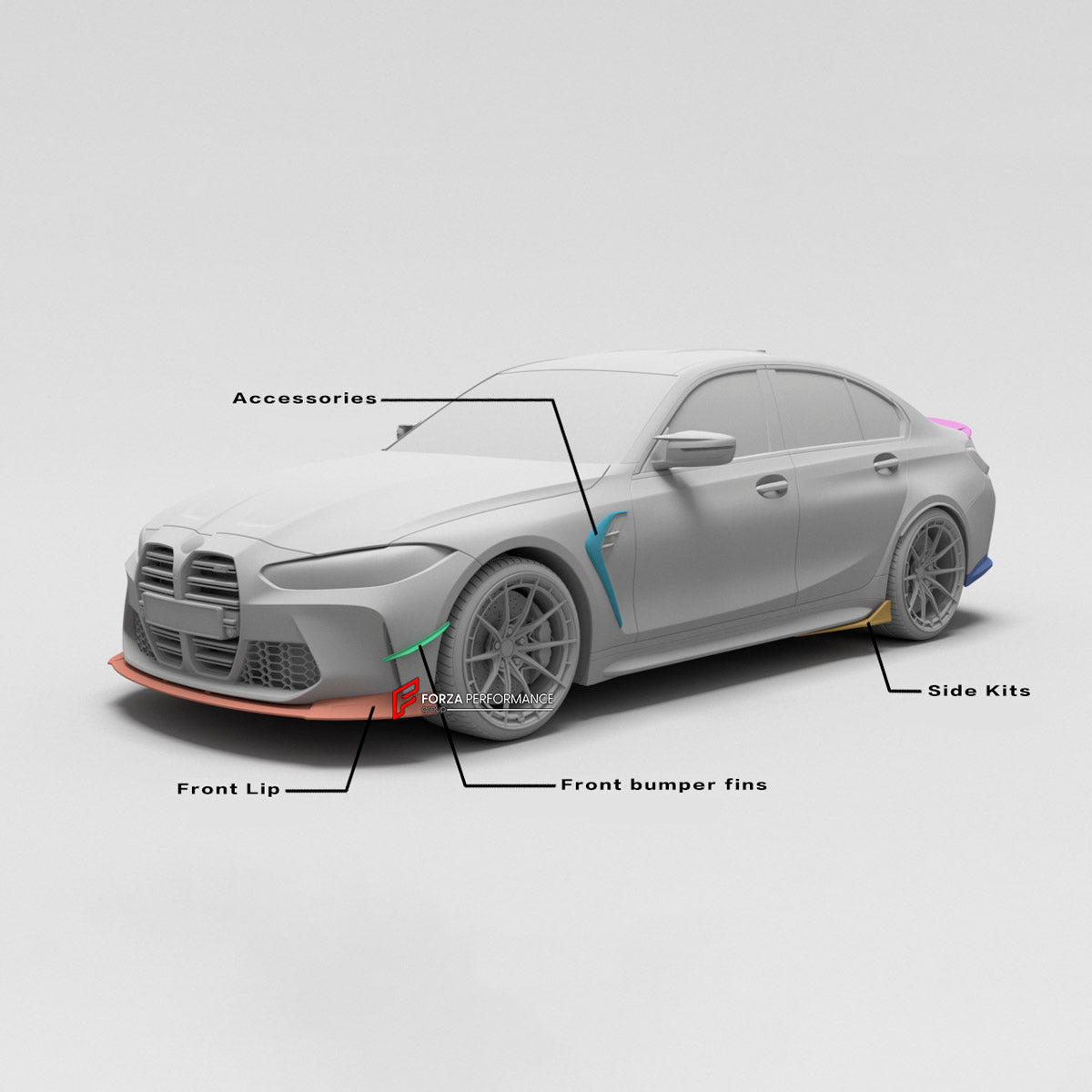 CARBON BODY KIT for BMW M3 G80 G81 2020+
Set includes:

Front Lip
Front Bumper Fins
Front Fender Vents
Side Skirts
Roof Spoiler
Ducktail Spoiler
Rear Diffuser
Material: Carbon

NOTE: Professional installation is required.