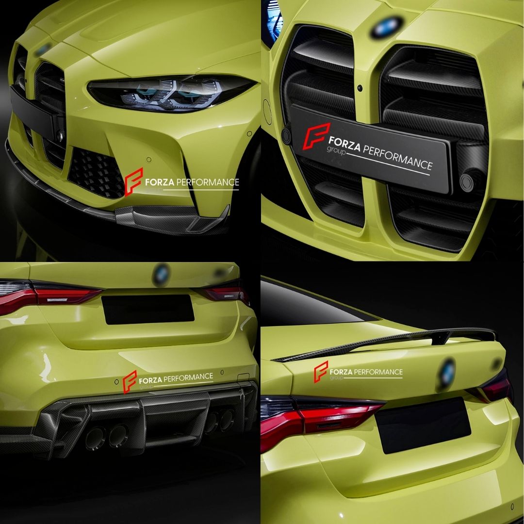 CARBON BODY KIT for BMW M3 G82 M4 G80 2021 - 2024 FORZA PERFORMANCE Custom fit Dry Carbon Achen Cybe Achencybe Design Style
Set includes:

Front Lip
Front Grille
Hood Bonnet Trim
Rear Diffuser
Rear Spoiler
Material: Carbon

NOTE: Professional installation is required.