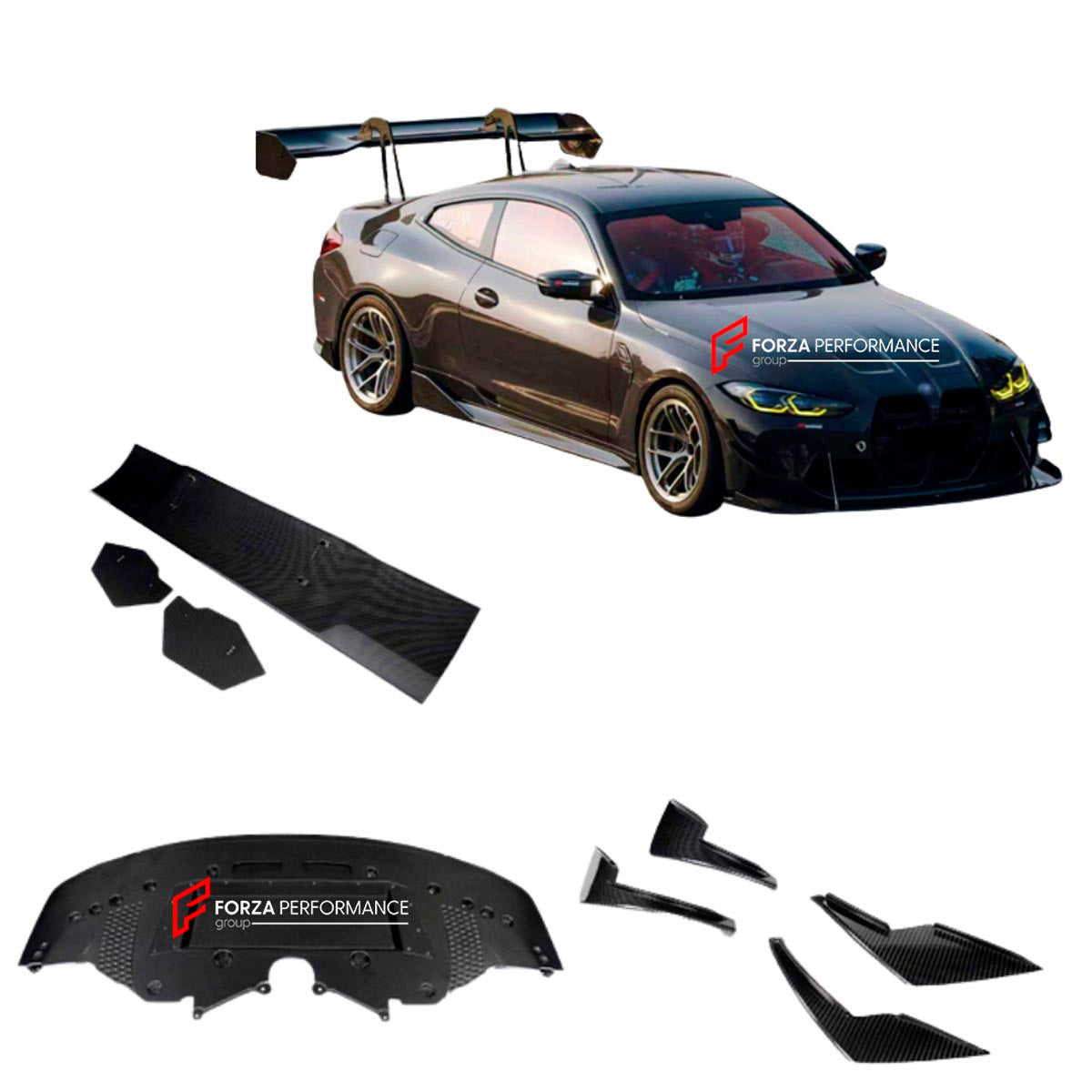 Carbon Body Kit for BMW M4 G82 2021+
Set includes:

Front Lip
Wing Spoiler
Front Canards
Material: Carbon (Can be made in Forged Carbon)

NOTE: Professional installation is required.