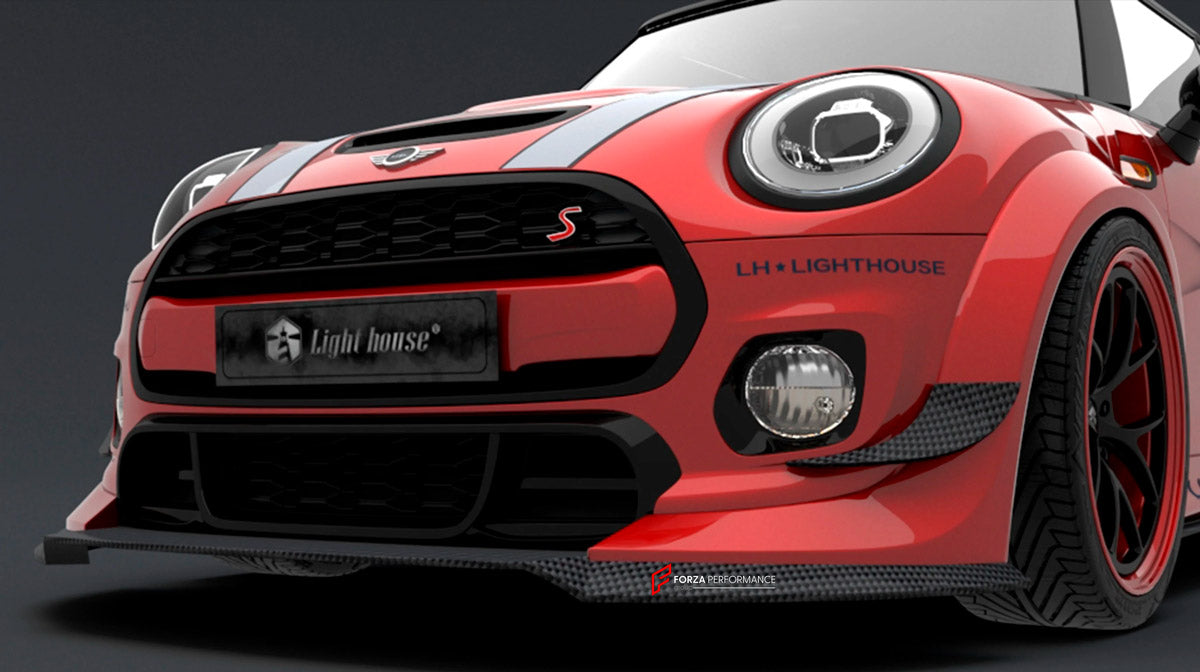 CARBON BODY KIT for BMW Mini Cooper III 2014 - 2021
Set includes:

Front Lip
Front Bumper Fins
Front Fenders
Side Skirts
Rear Fenders
Rear Diffuser
Rear Bumper
Material: Carbon

NOTE: Professional installation is required.