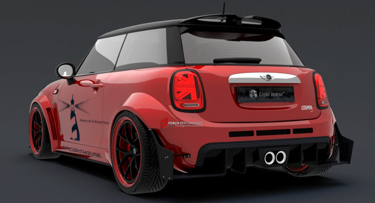 CARBON BODY KIT for BMW Mini Cooper III 2014 - 2021
Set includes:

Front Lip
Front Bumper Fins
Front Fenders
Side Skirts
Rear Fenders
Rear Diffuser
Rear Bumper
Material: Carbon

NOTE: Professional installation is required.