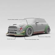 CARBON BODY KIT for BMW Mini Cooper III 2014 - 2021
Set includes:

Front Lip
Front Bumper Fins
Front Fenders
Side Skirts
Rear Fenders
Rear Diffuser
Rear Bumper
Material: Carbon

NOTE: Professional installation is required.