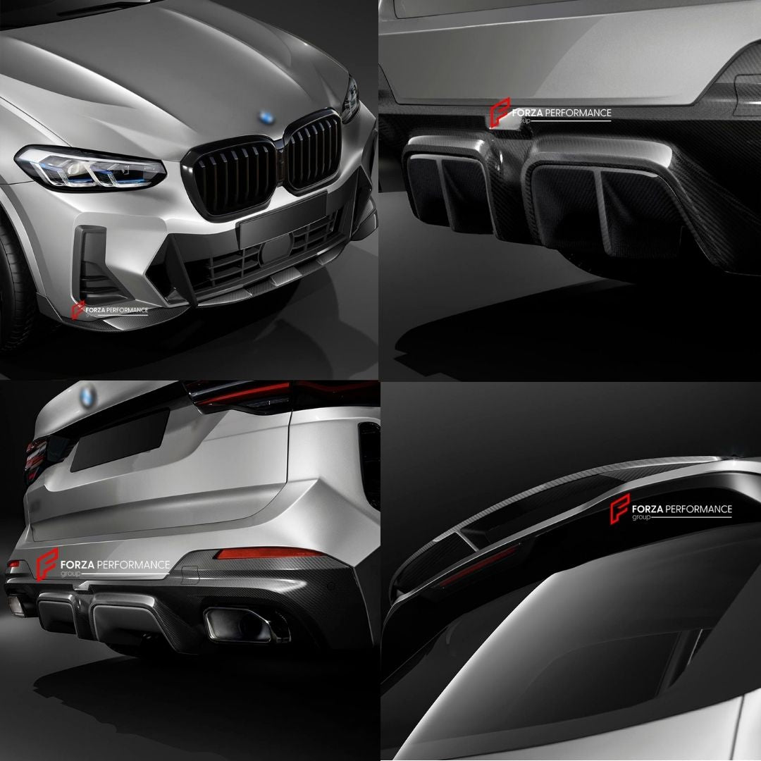 CARBON BODY KIT for BMW X3 G01 iX3 G08 M40i 30i XDRIVE 2021 - 2025 FORZA PERFORMANCE Custom fit Dry Carbon Achen Cybe Achencybe Design Style
Set includes:

Front Lip
Rear Diffuser (standard or extended design — your choice)
Roof Spoiler
Material: Carbon

NOTE: Professional installation is required.