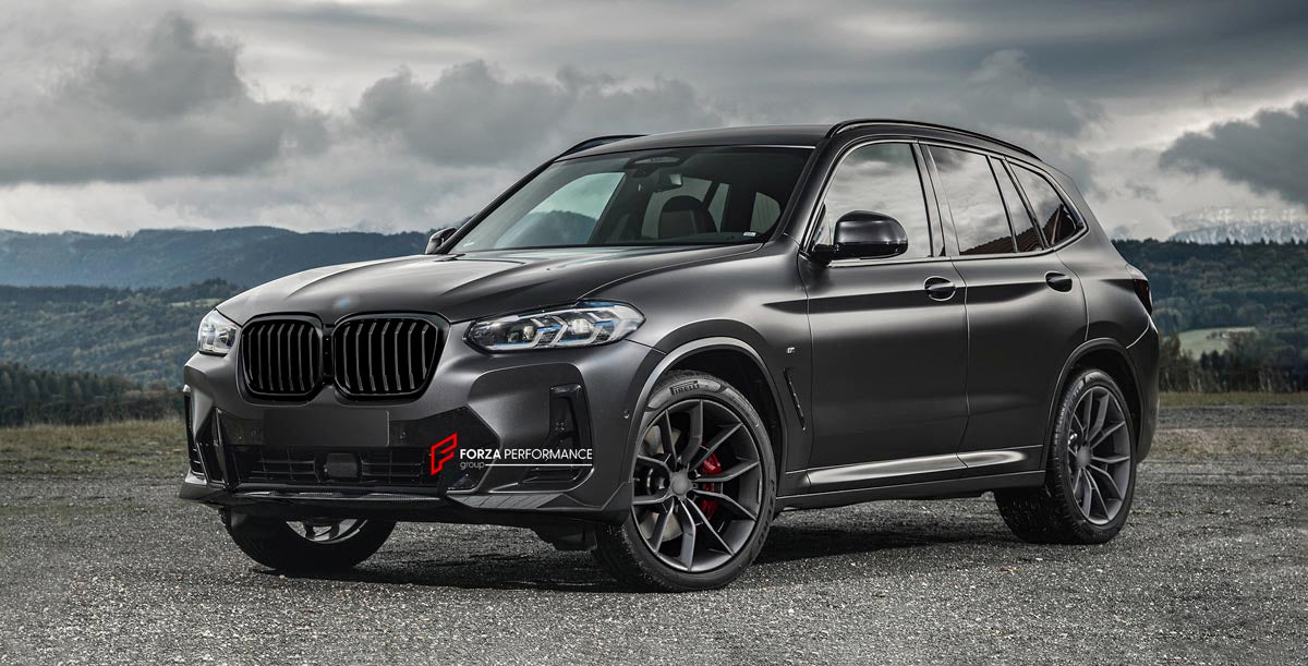 CARBON BODY KIT for BMW X3 G01 iX3 G08 M40i 30i XDRIVE 2021 - 2025 FORZA PERFORMANCE Custom fit Dry Carbon Achen Cybe Achencybe Design Style
Set includes:

Front Lip
Rear Diffuser (standard or extended design — your choice)
Roof Spoiler
Material: Carbon

NOTE: Professional installation is required.