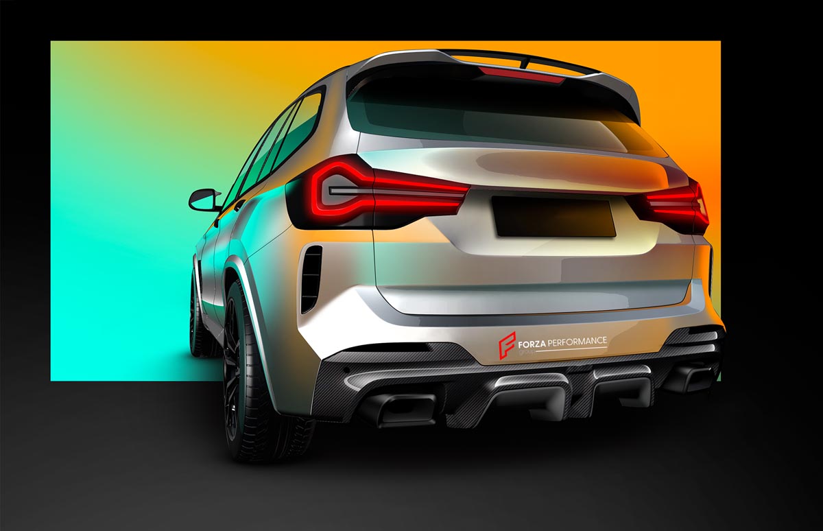 CARBON BODY KIT for BMW X3 G01 iX3 G08 M40i 30i XDRIVE 2021 - 2025 FORZA PERFORMANCE Custom fit Dry Carbon Achen Cybe Achencybe Design Style
Set includes:

Front Lip
Rear Diffuser (standard or extended design — your choice)
Roof Spoiler
Material: Carbon

NOTE: Professional installation is required.