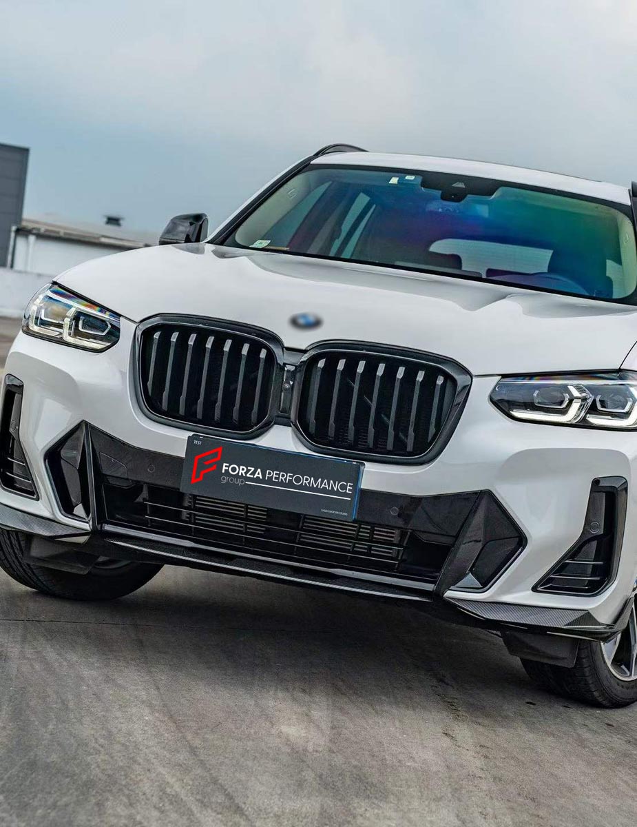 CARBON BODY KIT for BMW X3 G01 iX3 G08 M40i 30i XDRIVE 2021 - 2025 FORZA PERFORMANCE Custom fit Dry Carbon Achen Cybe Achencybe Design Style
Set includes:

Front Lip
Rear Diffuser (standard or extended design — your choice)
Roof Spoiler
Material: Carbon

NOTE: Professional installation is required.
