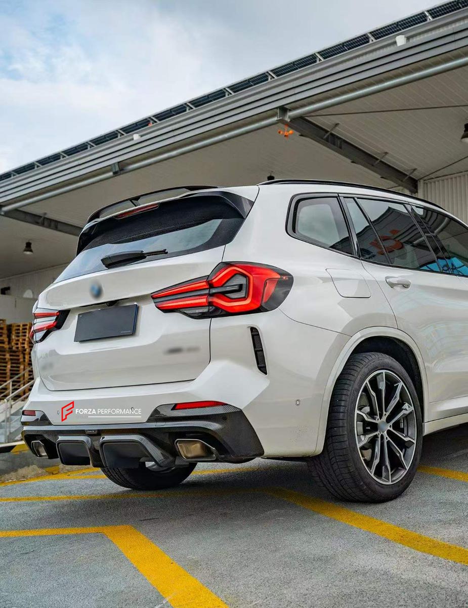 CARBON BODY KIT for BMW X3 G01 iX3 G08 M40i 30i XDRIVE 2021 - 2025 FORZA PERFORMANCE Custom fit Dry Carbon Achen Cybe Achencybe Design Style
Set includes:

Front Lip
Rear Diffuser (standard or extended design — your choice)
Roof Spoiler
Material: Carbon

NOTE: Professional installation is required.