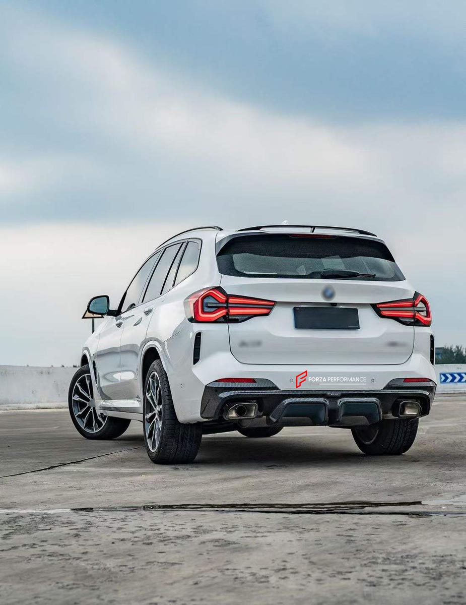 CARBON BODY KIT for BMW X3 G01 iX3 G08 M40i 30i XDRIVE 2021 - 2025 FORZA PERFORMANCE Custom fit Dry Carbon Achen Cybe Achencybe Design Style
Set includes:

Front Lip
Rear Diffuser (standard or extended design — your choice)
Roof Spoiler
Material: Carbon

NOTE: Professional installation is required.