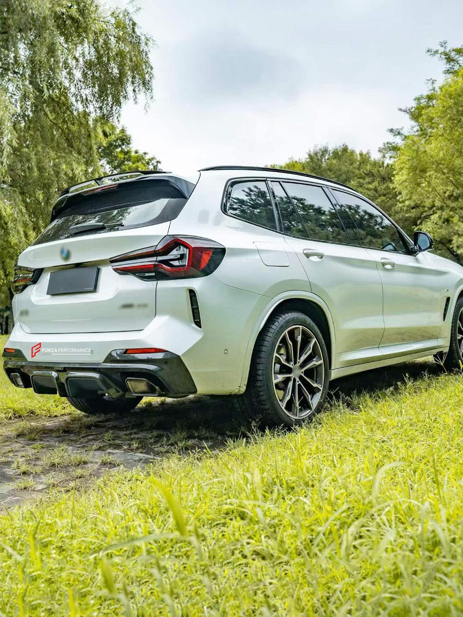 CARBON BODY KIT for BMW X3 G01 iX3 G08 M40i 30i XDRIVE 2021 - 2025 FORZA PERFORMANCE Custom fit Dry Carbon Achen Cybe Achencybe Design Style
Set includes:

Front Lip
Rear Diffuser (standard or extended design — your choice)
Roof Spoiler
Material: Carbon

NOTE: Professional installation is required.