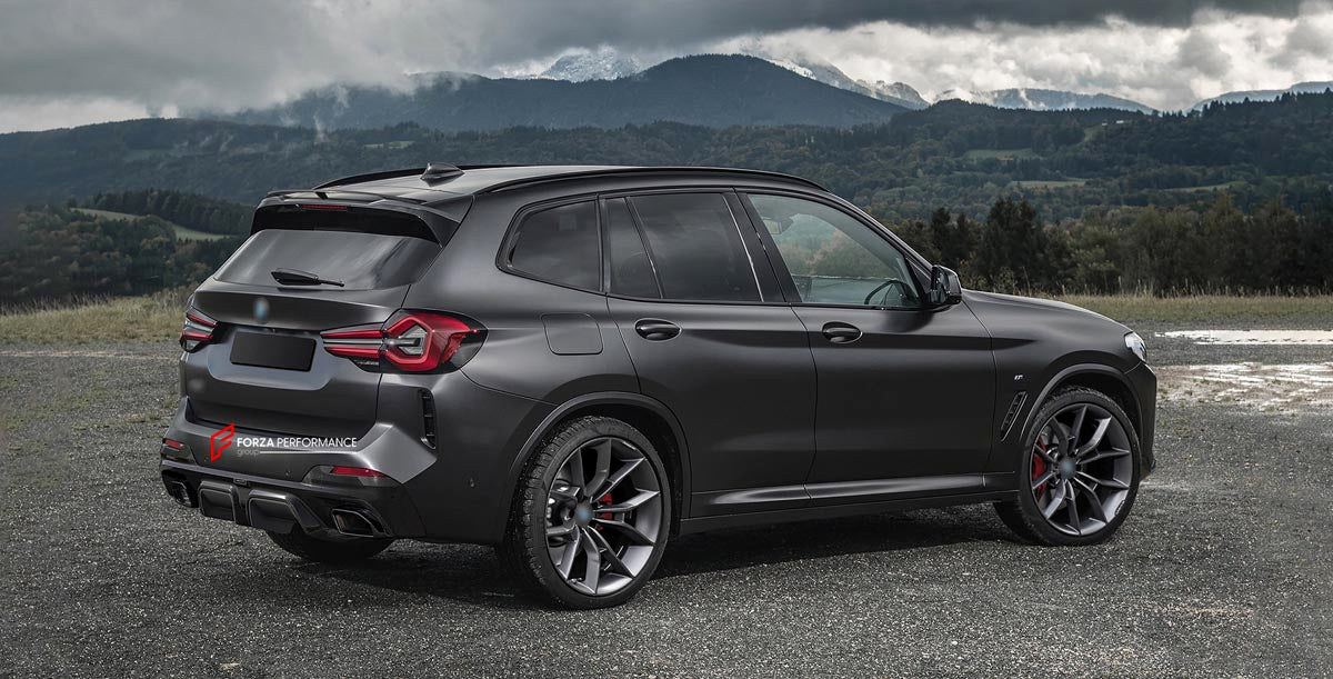 CARBON BODY KIT for BMW X3 G01 iX3 G08 M40i 30i XDRIVE 2021 - 2025 FORZA PERFORMANCE Custom fit Dry Carbon Achen Cybe Achencybe Design Style
Set includes:

Front Lip
Rear Diffuser (standard or extended design — your choice)
Roof Spoiler
Material: Carbon

NOTE: Professional installation is required.