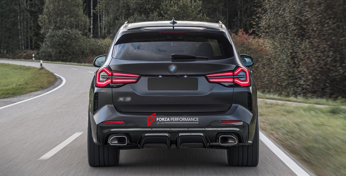 CARBON BODY KIT for BMW X3 G01 iX3 G08 M40i 30i XDRIVE 2021 - 2025 FORZA PERFORMANCE Custom fit Dry Carbon Achen Cybe Achencybe Design Style
Set includes:

Front Lip
Rear Diffuser (standard or extended design — your choice)
Roof Spoiler
Material: Carbon

NOTE: Professional installation is required.
