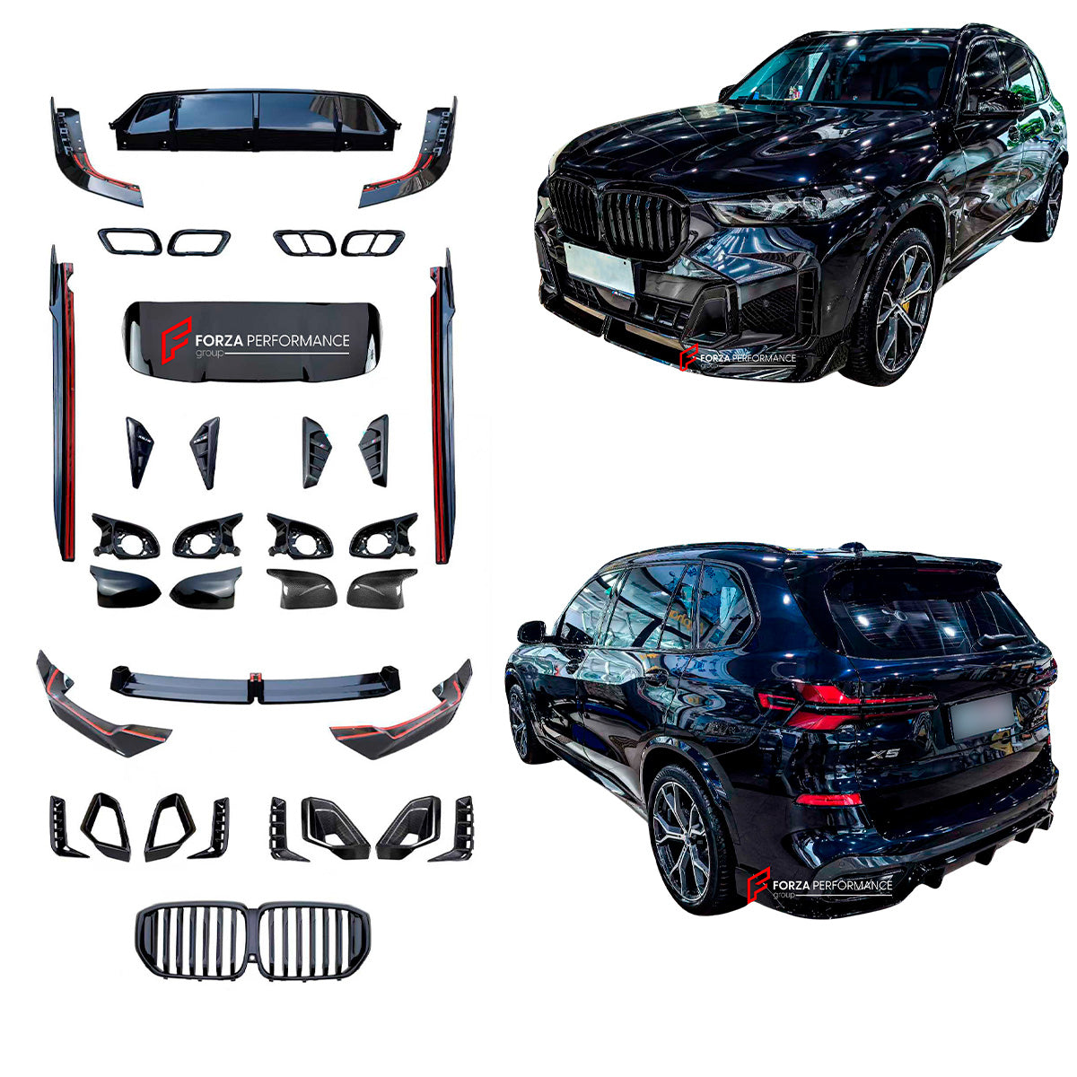 BODY KIT for BMW X5 G05 G18 LCI 2023+ M PERFORMANCE BLACKOUT PACKAGE

Set includes:

Front Lip
Front Bumper Air Vent Trims
Front Grille
Front Fender Trims
Side Mirrors
Side Skirts
Roof Spoiler
Exhaust Tips
Rear Diffuser

Material: Carbon + Plastic

NOTE: Professional installation is required.
